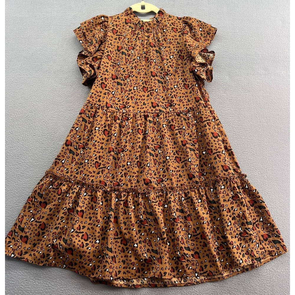 THML Dress Womens XS Animal Print Ruffle Sleeve High Neck Knee Length A-Line